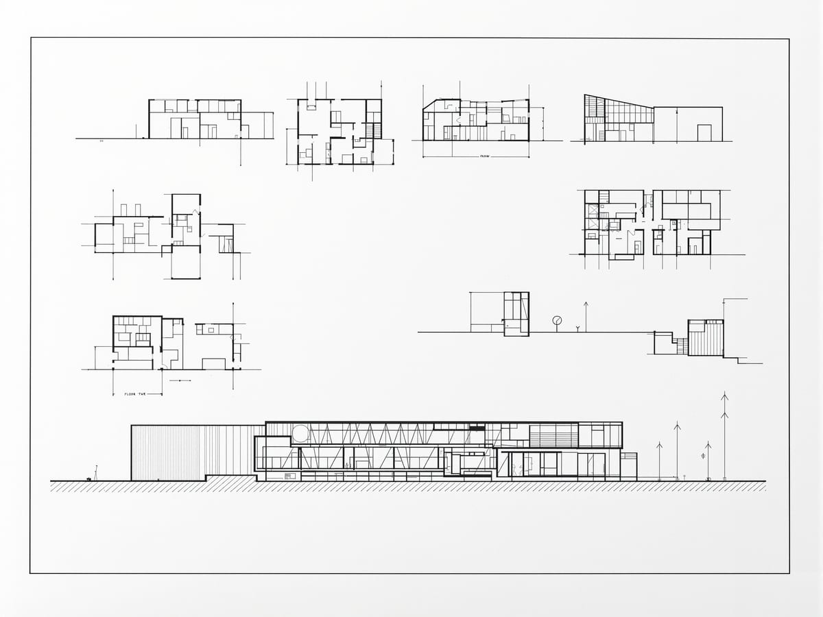 A single presentation board seen straight on, a grid of aligned plans, a section and a perspective bound into one calm visual set.