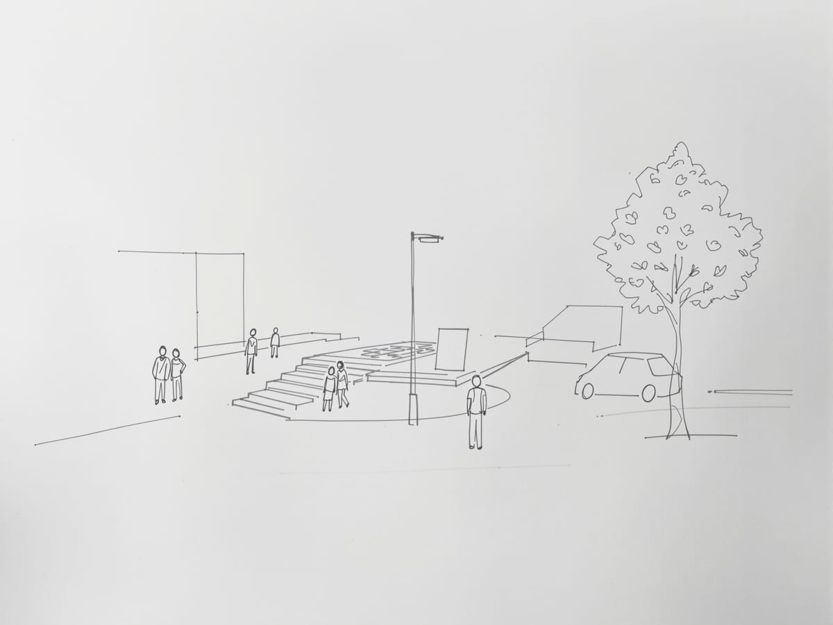 A loose perspective sketch of a small public plaza brought to life with lightly drawn figures, a tree in outline and a car, all kept simple and abstract.