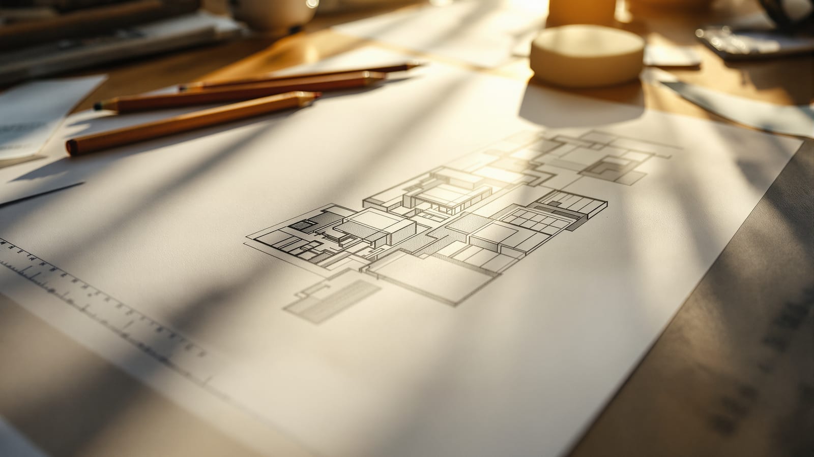 A drafting table in warm raking light, a half-finished architectural sketch layered with soft graphite tone, a set of pencils and a kneaded eraser resting beside a value scale strip.