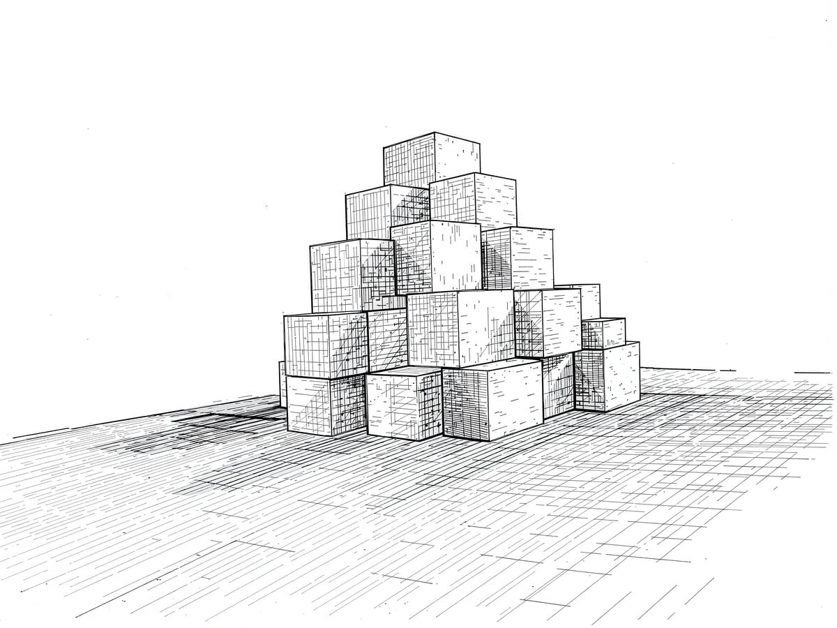 A precise ink line study of a simple massing model with 45 degree cast shadows drawn across the ground plane, ray lines faintly visible.