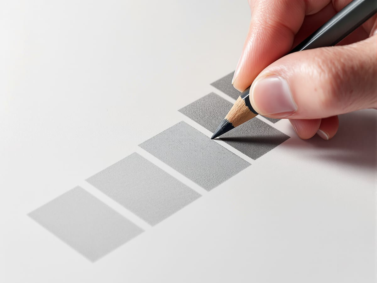 A close crop of a hand ruling a ten-step value scale in pencil, each patch stepping evenly from bright paper white down to dense black.