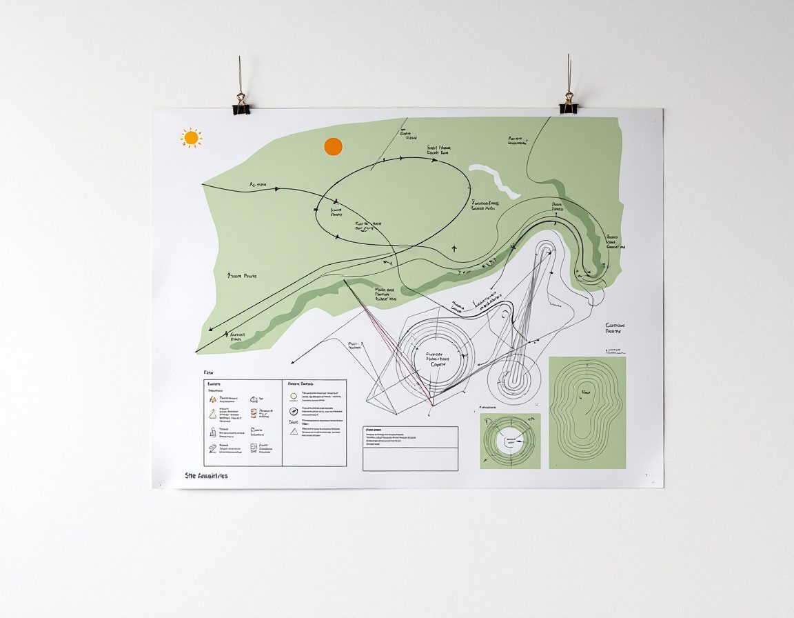 A site-analysis board — sun, wind, access, views, contours.