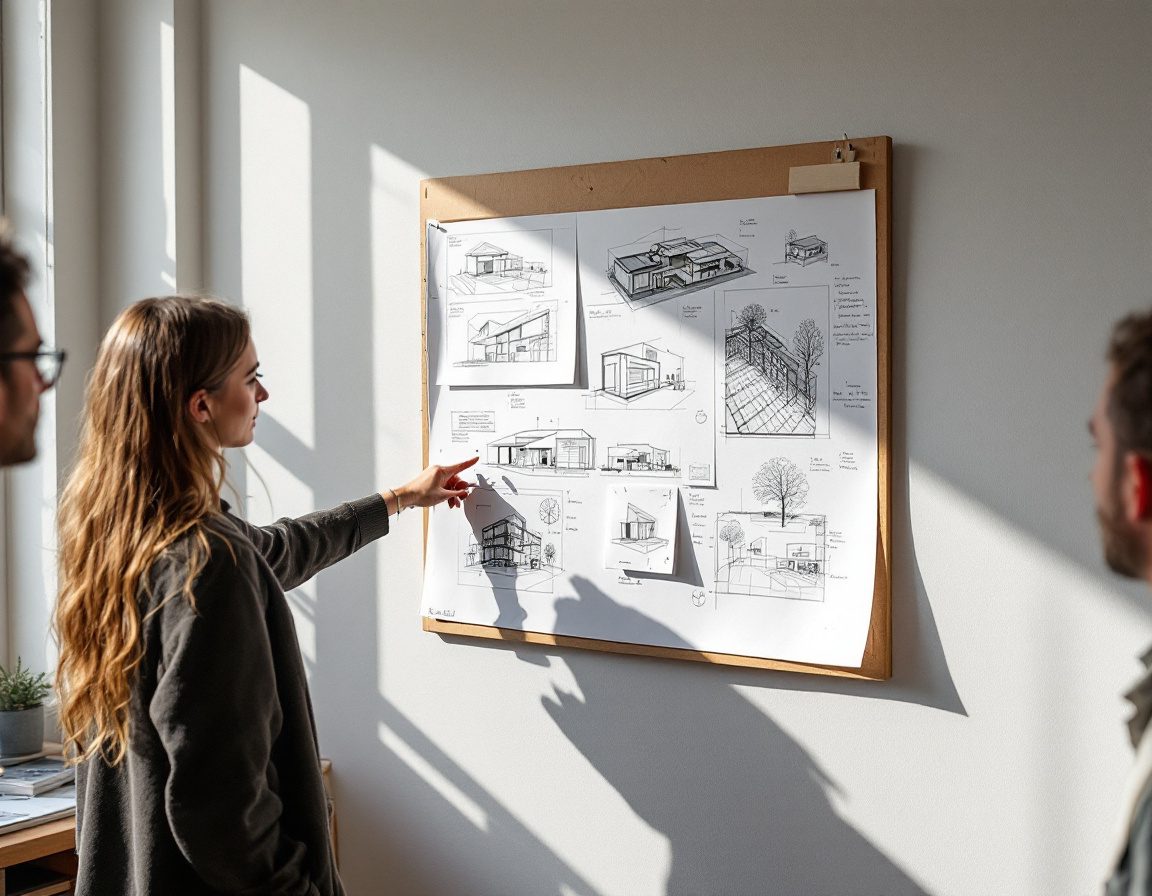 Diagrams, model and drawings pinned together — communicating.