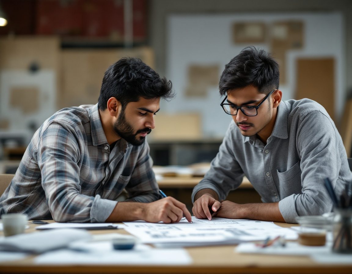 A desk crit — tutor and student in dialogue over the drawing.