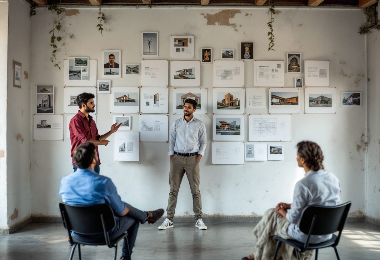 A pin-up review — boards on the wall, a panel listening.