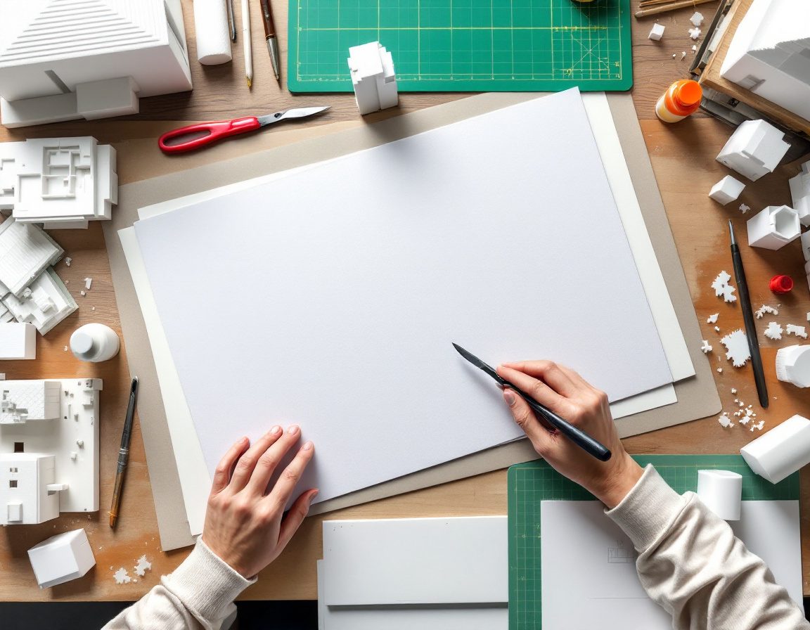 The model-making bench — foam board, blade and white study models.