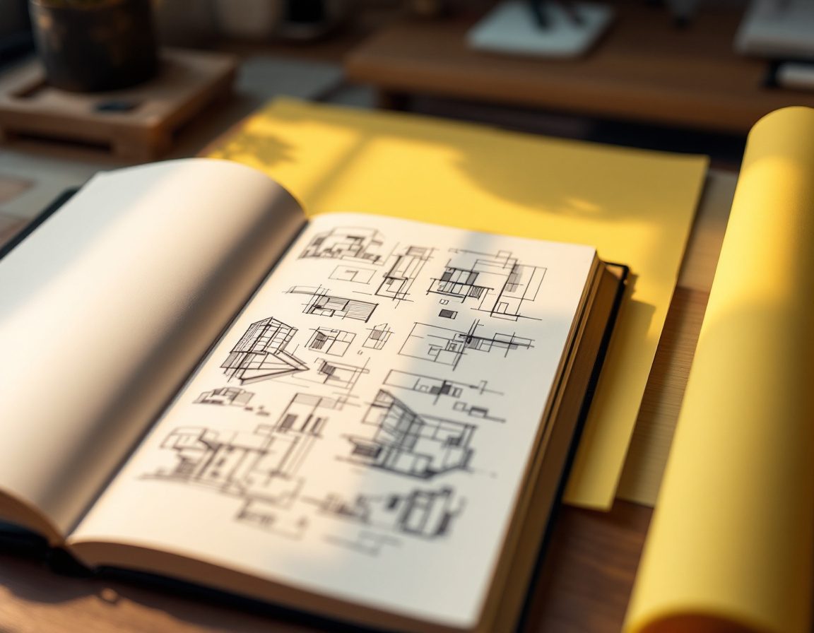 An open sketchbook of quick thumbnail concepts.