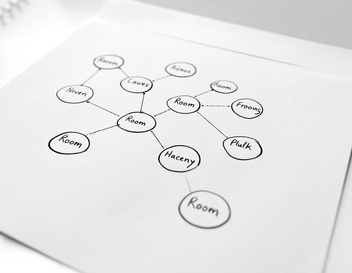 A bubble / adjacency diagram of a small building's spaces.