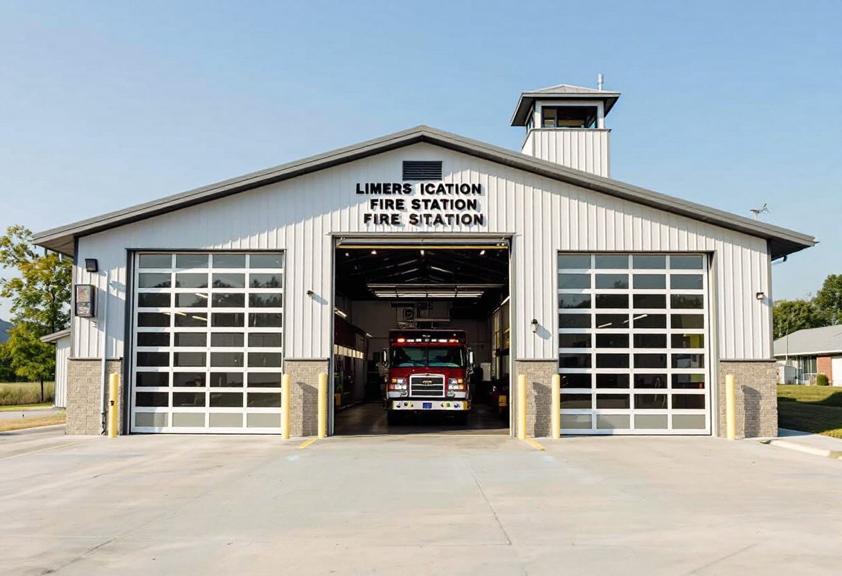 A fire station with an open apparatus bay for fast exit.
