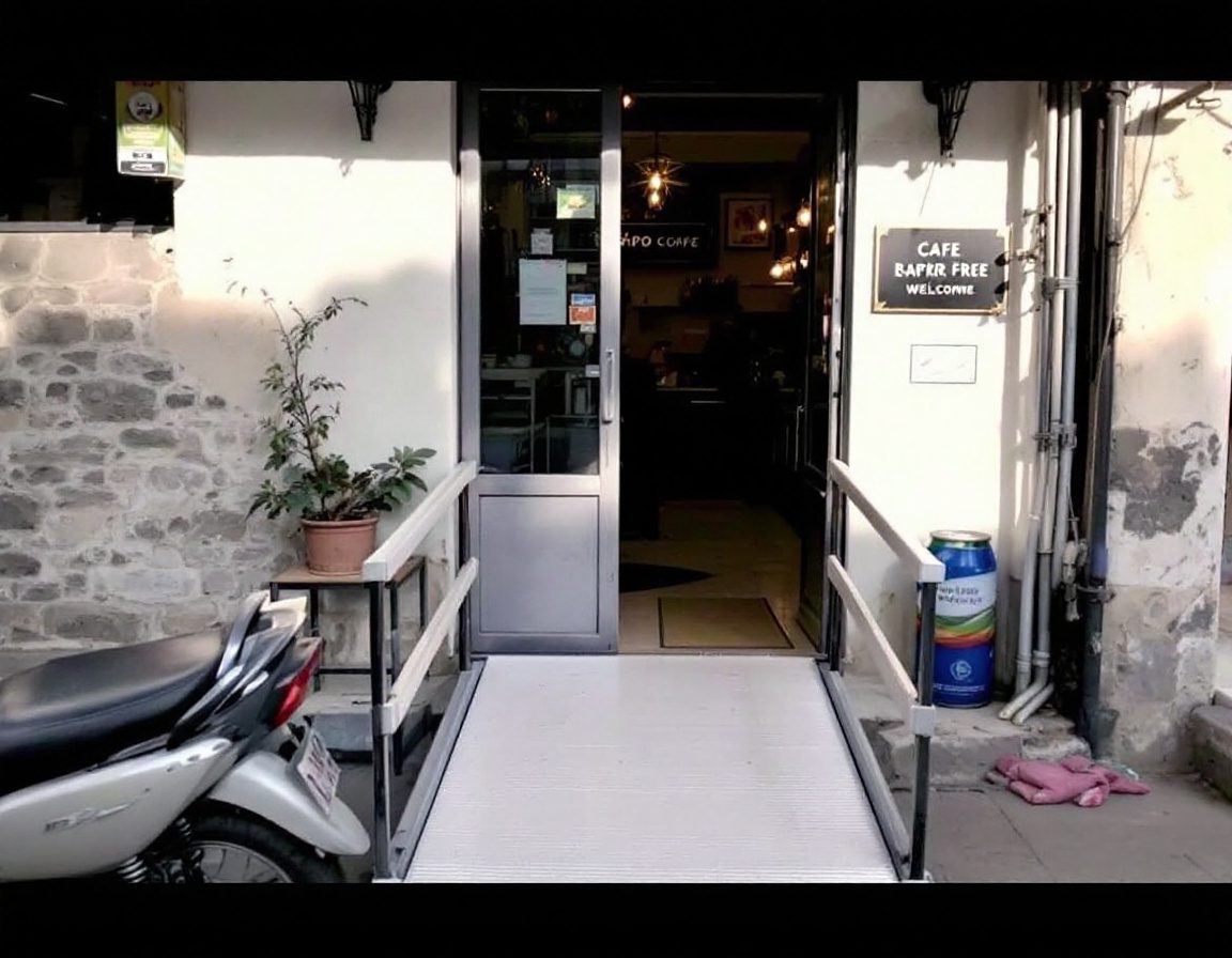A barrier-free shop entrance with a gentle ramp.