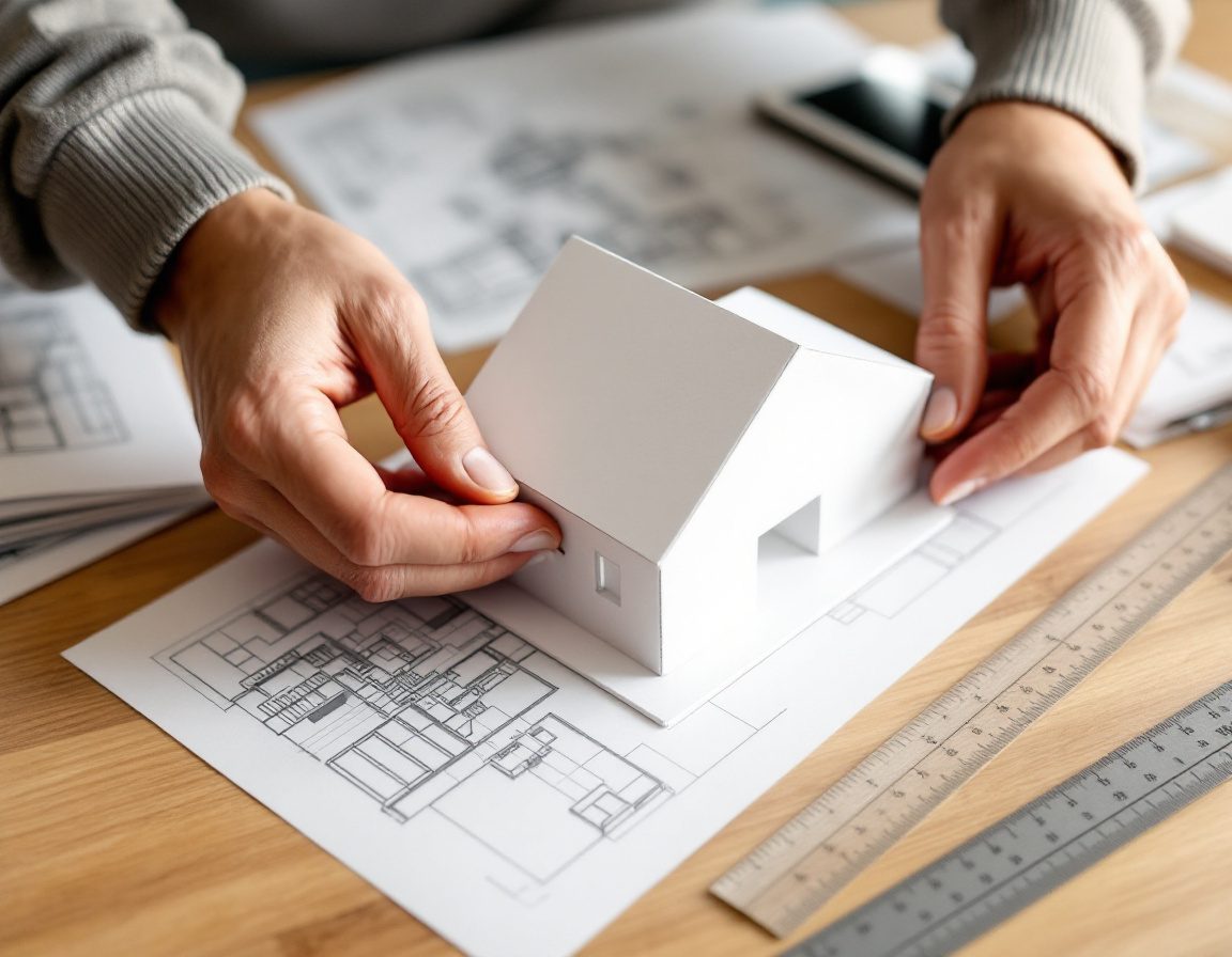 Hands adjusting a small study model beside process sketches.