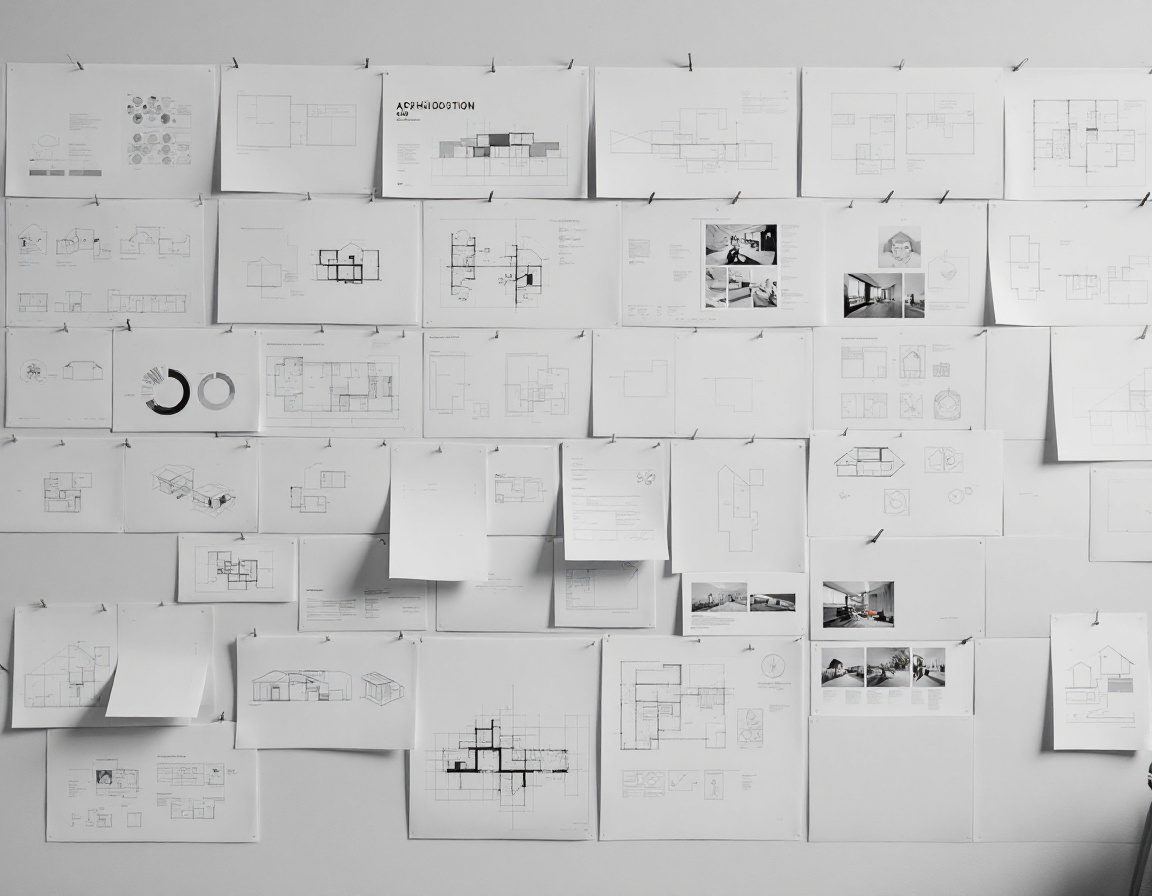 A studio pin-up wall of design process drawings and diagrams.