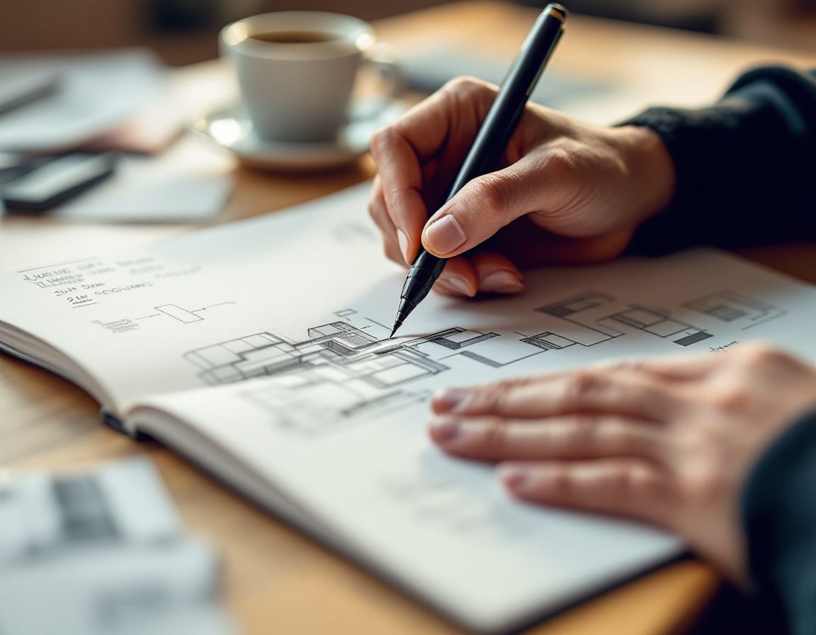 A student sketching design options in a sketchbook with a pen.