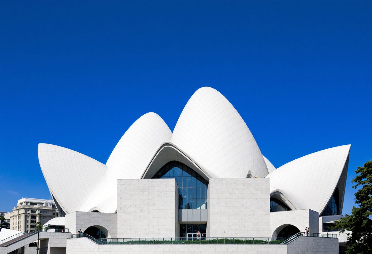 A building form inspired by natural geometry against the sky.