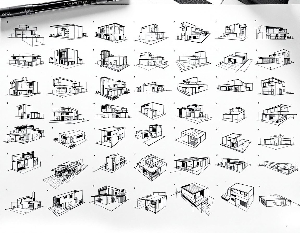 A spread of explored design option sketches on a desk.