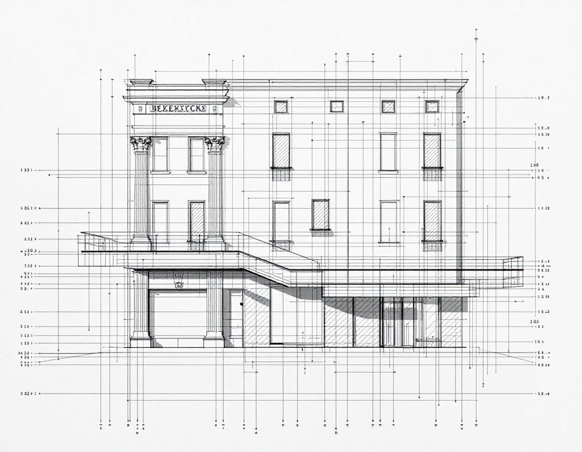 A proportion study with golden-ratio construction over a facade.