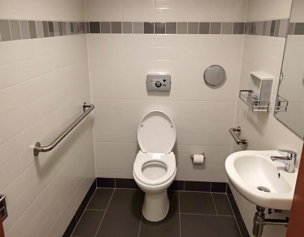 An accessible toilet with grab bars and turning space.