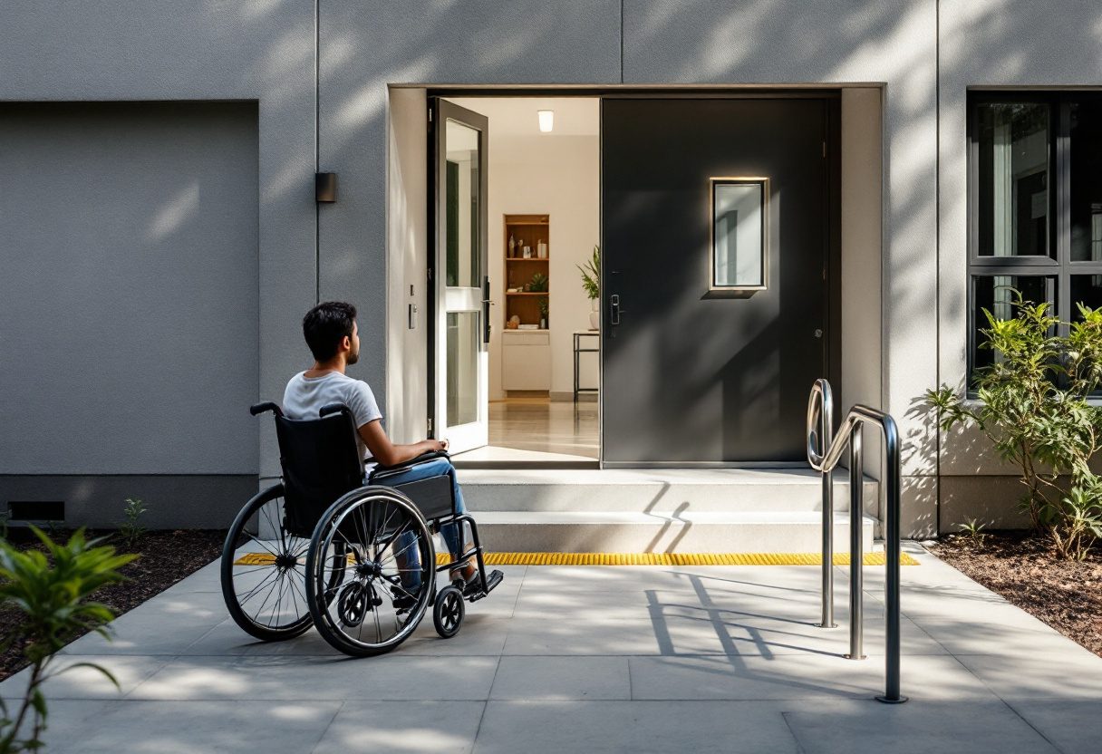A wheelchair user passing through a barrier-free doorway and ramp.