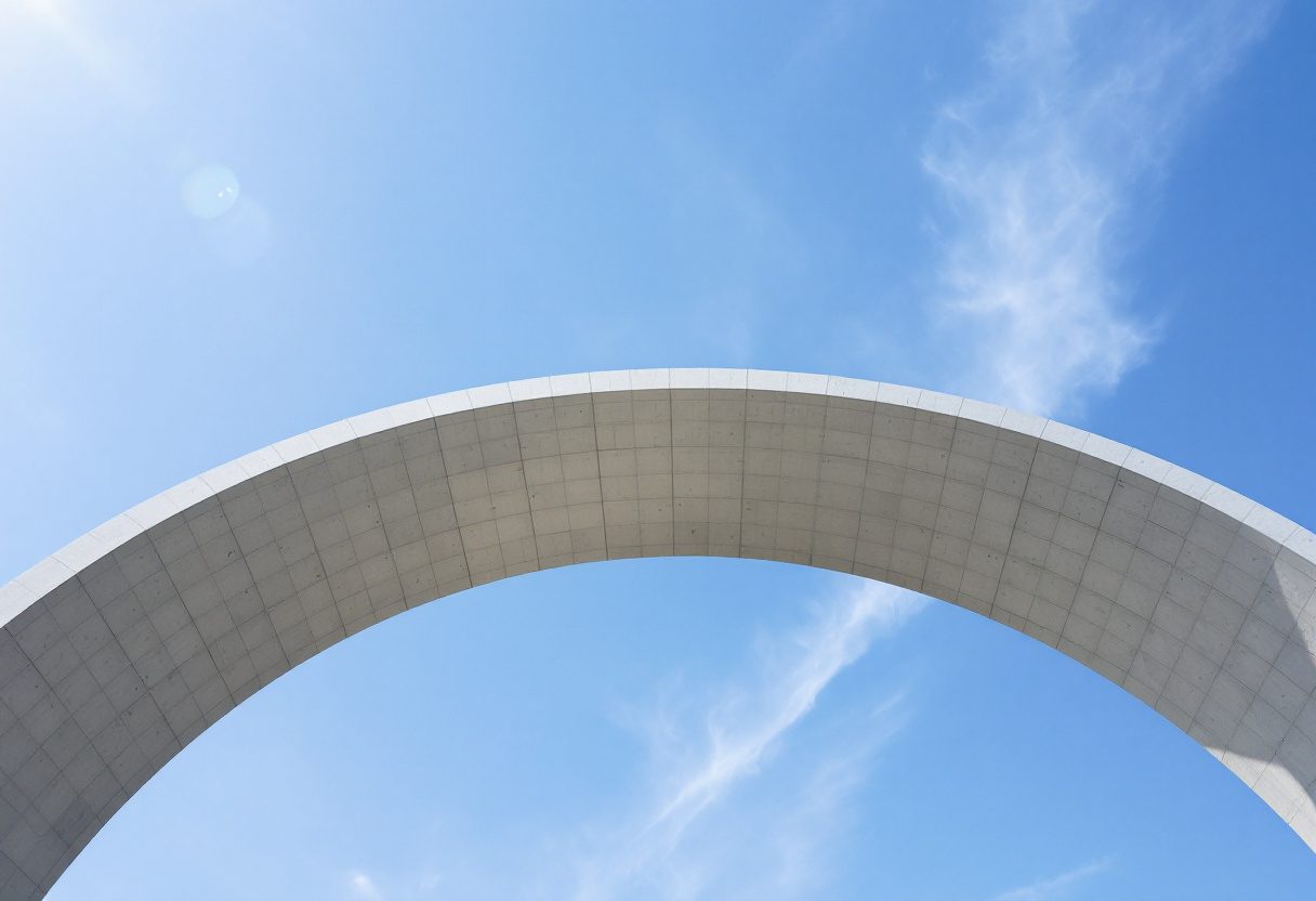 A thin catenary masonry arch / shell against the sky.