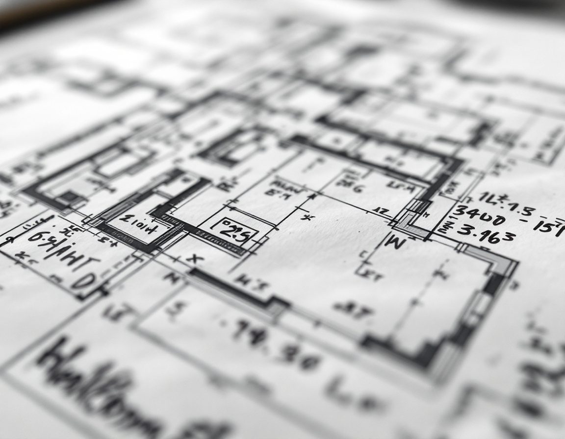 A measured field sketch covered in handwritten dimensions.