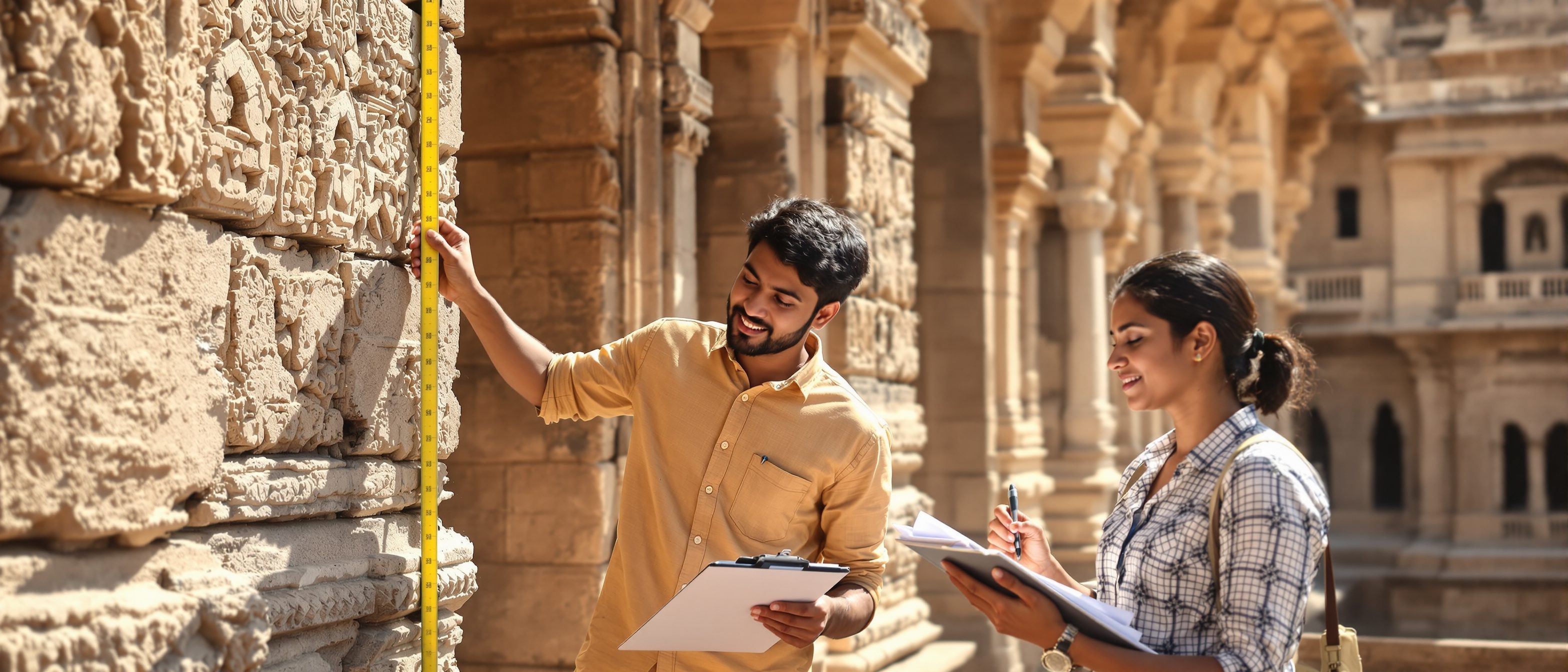 Indian students measuring a carved heritage haveli on a field trip.