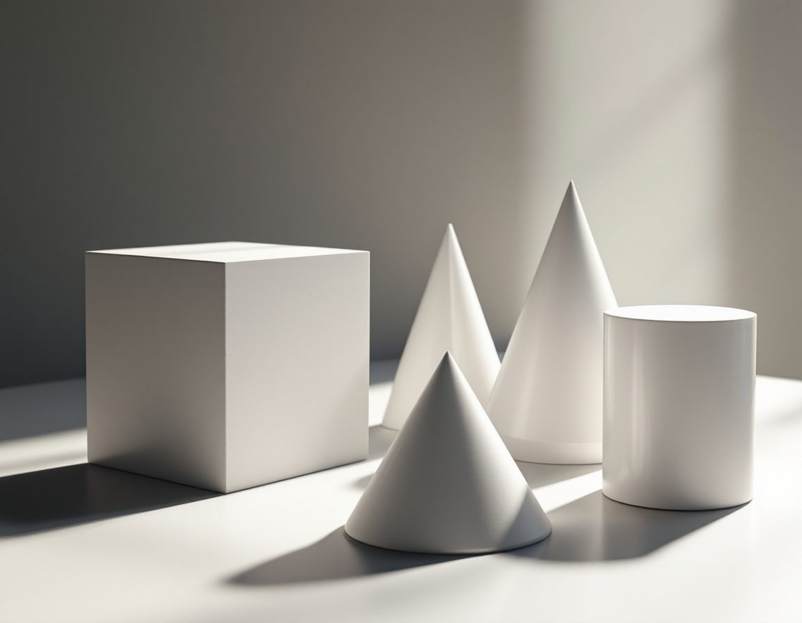 White geometric solid models — cube, prism, cone, pyramid, cylinder.