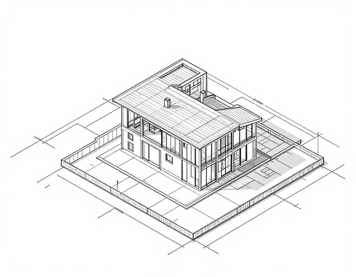 A planometric axonometric line drawing of a small building.