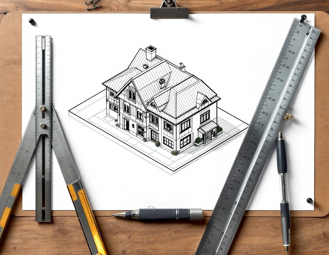 A clean isometric line drawing pinned on a drawing board.