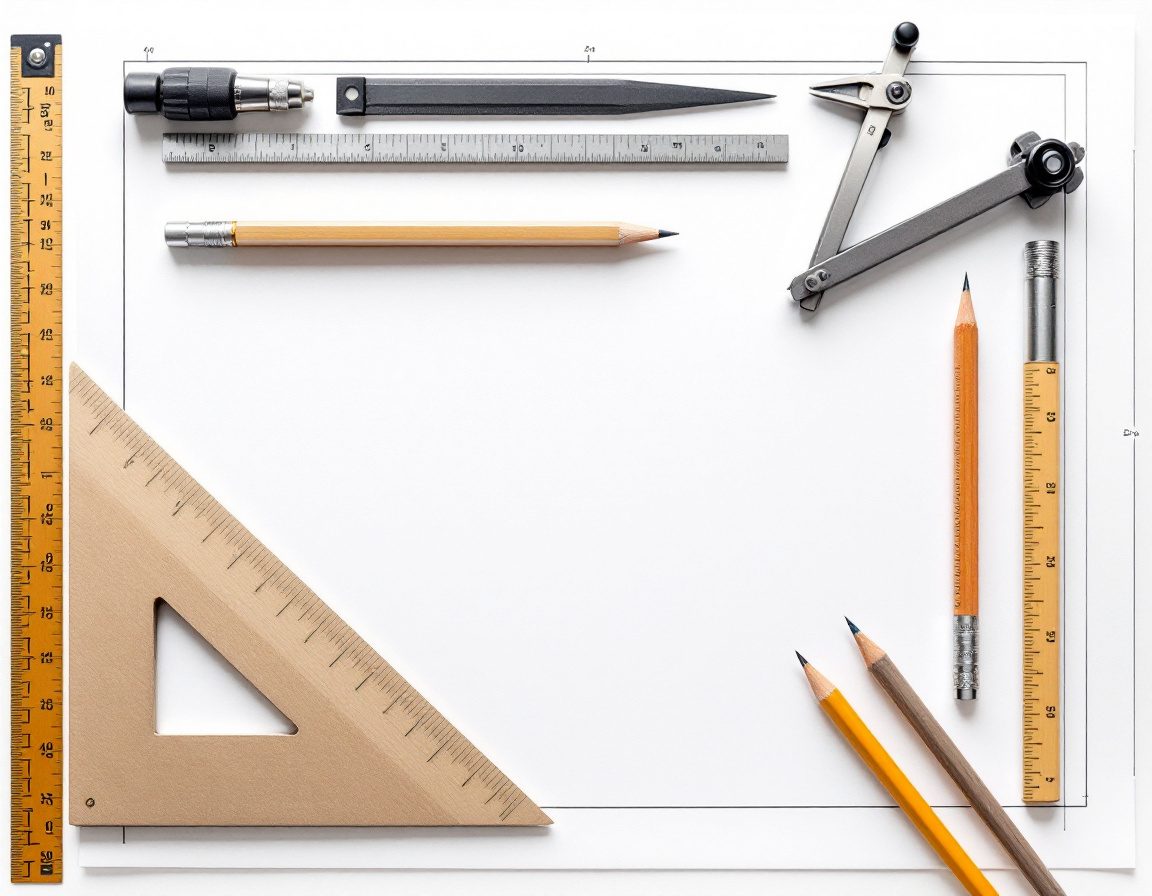 A flatlay of drafting instruments — compass, set squares, scale, pencils.