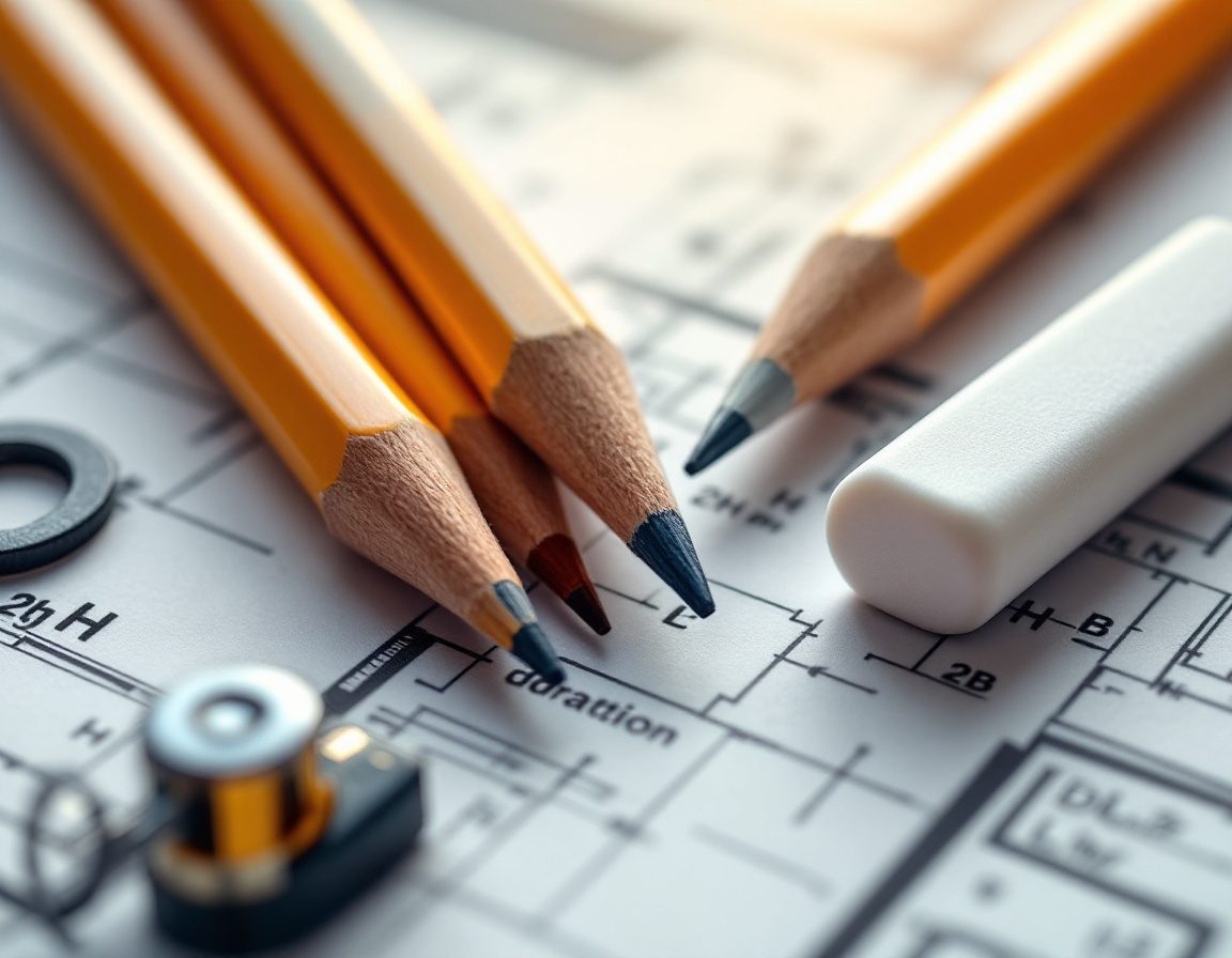 Drafting pencils of different grades with a sharpener and eraser.