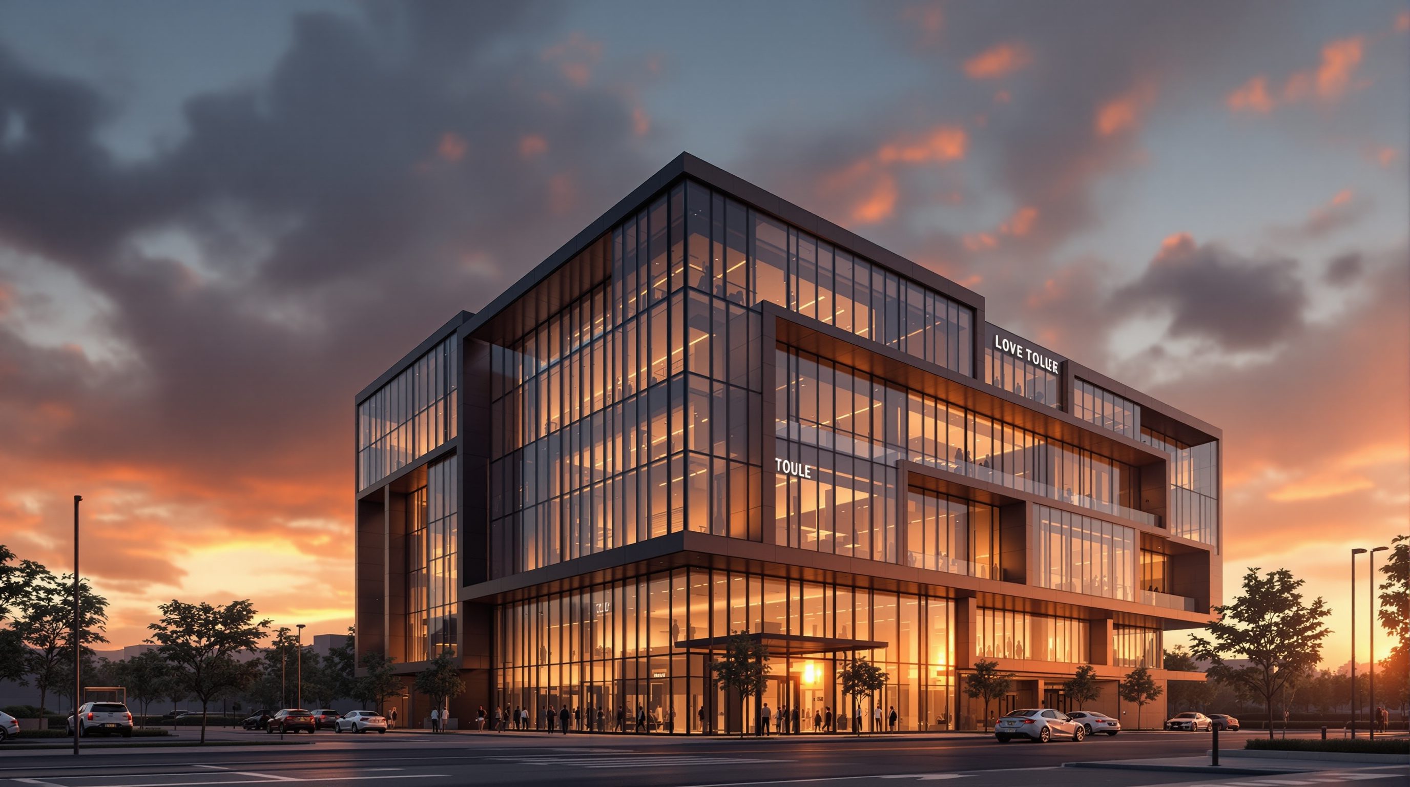 Architectural visualization — a photoreal render of a modern building at golden hour