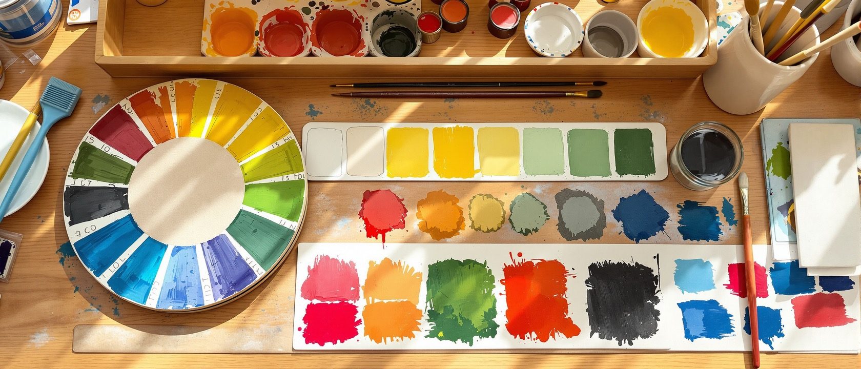 A basic-design colour studio sheet — a hand-painted twelve-hue colour wheel, a graded value strip of one hue and small painted scheme compositions, with a palette, water jar and brushes, warm daylight, no people, no legible text.