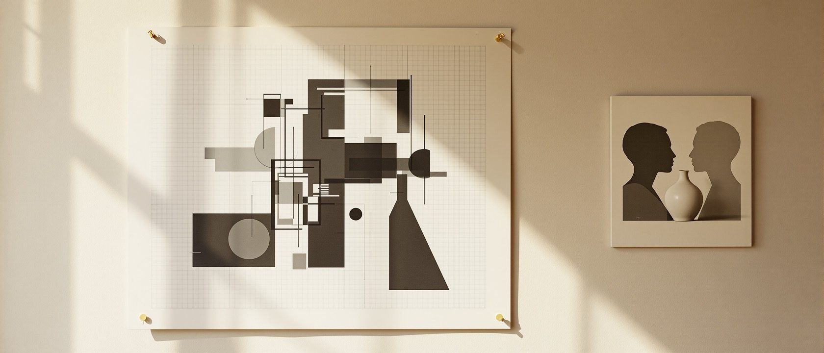 A basic-design studio sheet pinned to a wall — a bold black-and-white geometric composition on a visible pencil grid, with a small figure-ground reversal study beside it, warm daylight, no people, no legible text.