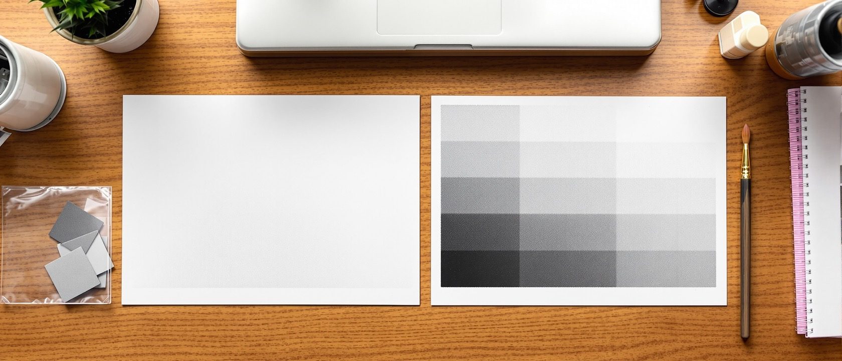 A foundation-studio desk of basic-design exercise sheets — a dot-density tone gradient, a grid of line-character studies and a nine-step grey value scale in black ink, with a pen and ruler, warm daylight, no people, no legible text.