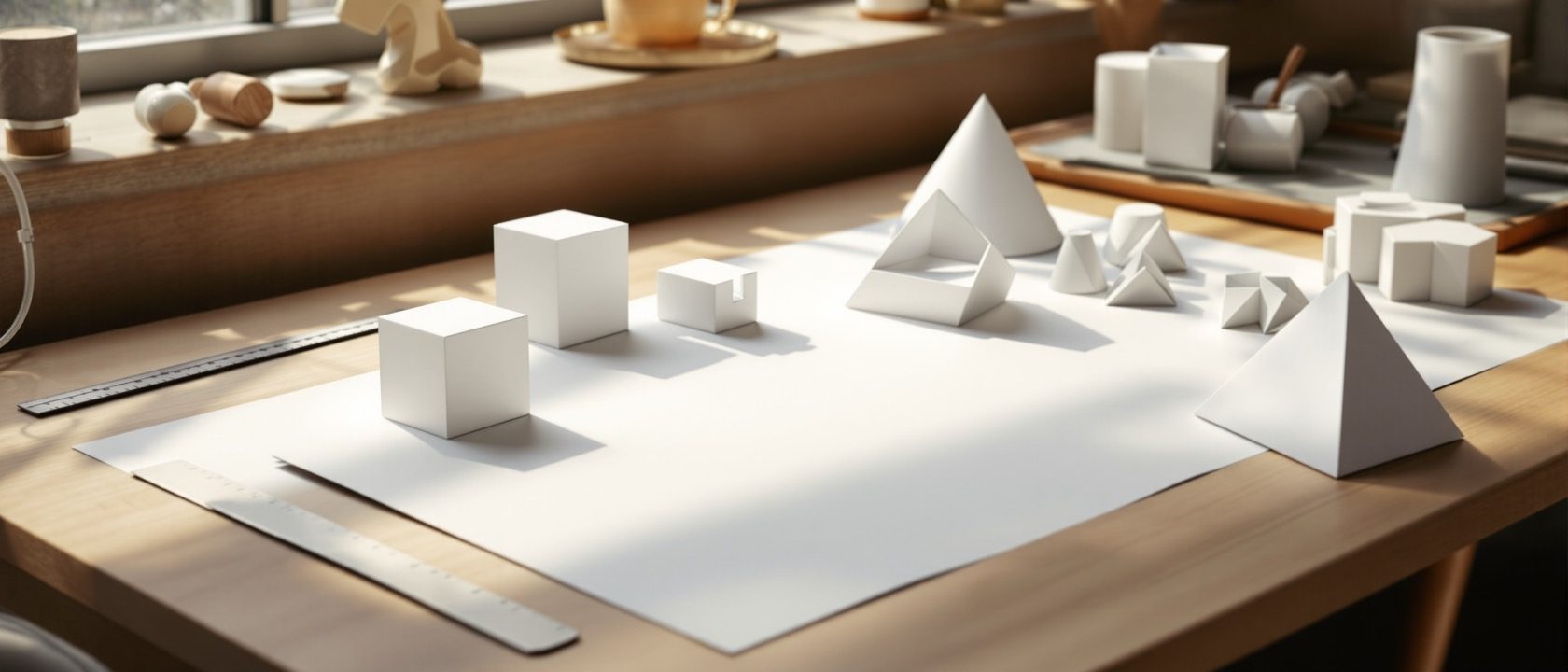 A foundation-studio table of white paper and card study models — clean primary solids (a cube, cylinder, cone and pyramid), one cube with a wedge subtracted, and a small abstract relief derived from a leaf — with a scalpel and cutting mat, warm light, no people, no legible text.