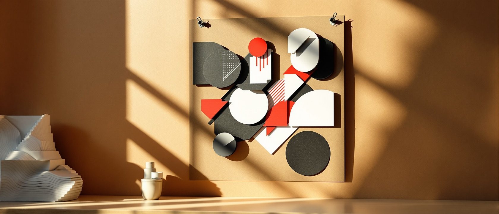 A basic-design studio composition in black and white cut paper pinned to a board — an asymmetric arrangement of shapes with a clear focal point — beside a small layered-card figure-ground relief model, warm light, no people, no legible text.