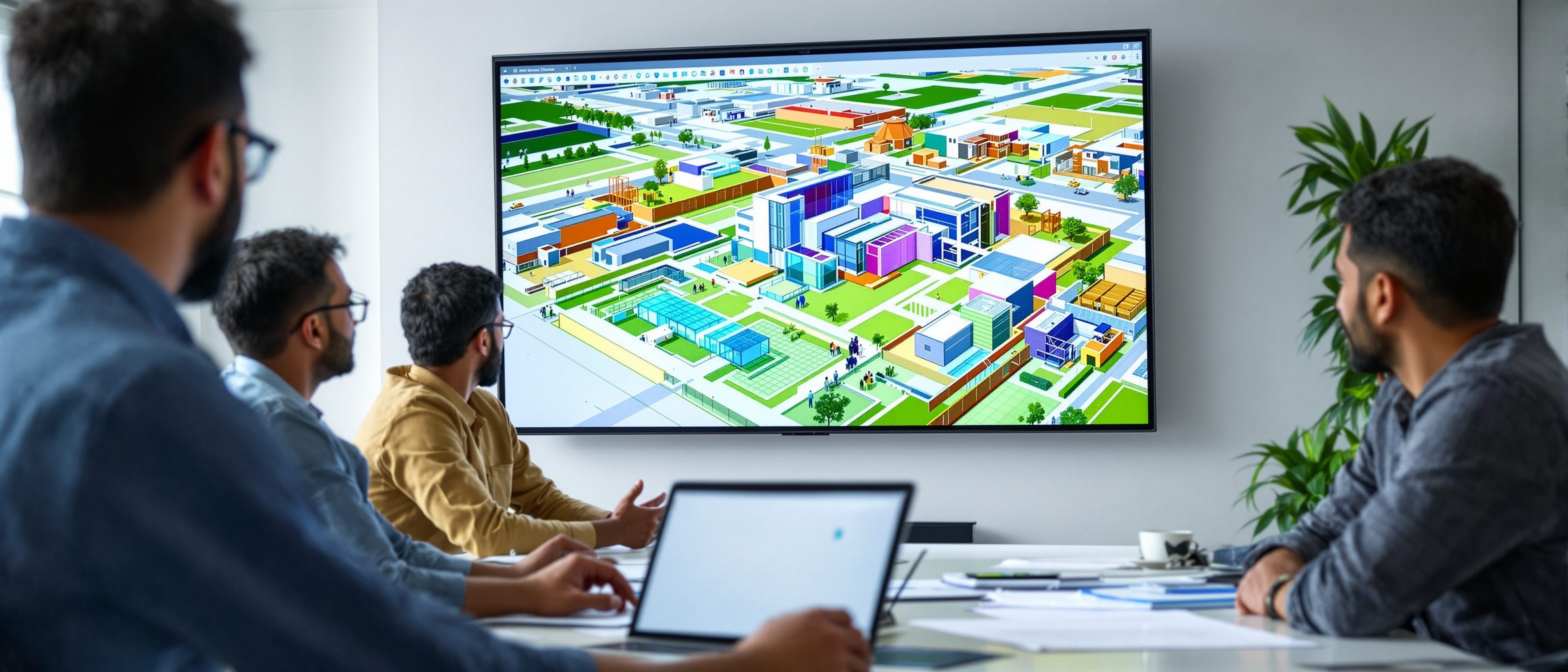 An architecture and construction team gathered around a large screen and a laptop reviewing a colourful 3D Building Information Model of a building together in a BIM coordination meeting, Indian professionals.