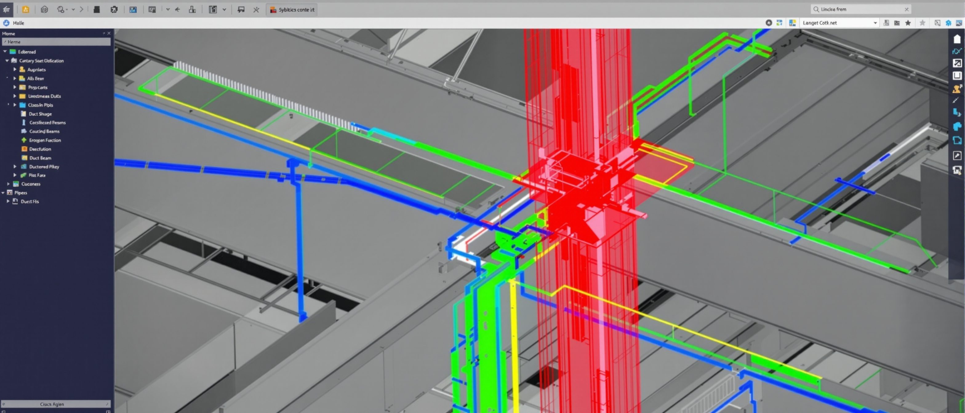 A computer screen showing a federated Building Information Model with structural beams, ducts and pipes of different colours overlaid, and a highlighted clash where a duct meets a beam, BIM clash detection, no people.