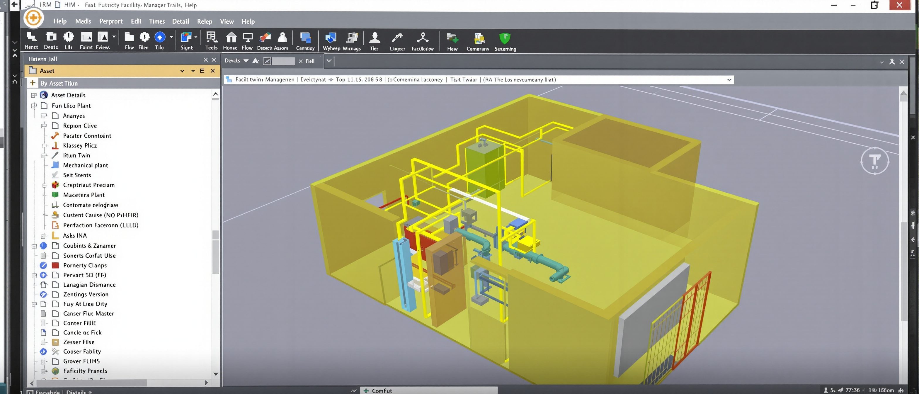 A facility manager's screen showing a building's digital twin model with a highlighted item of mechanical plant and an asset-data panel of its details, BIM for facility management, no people.