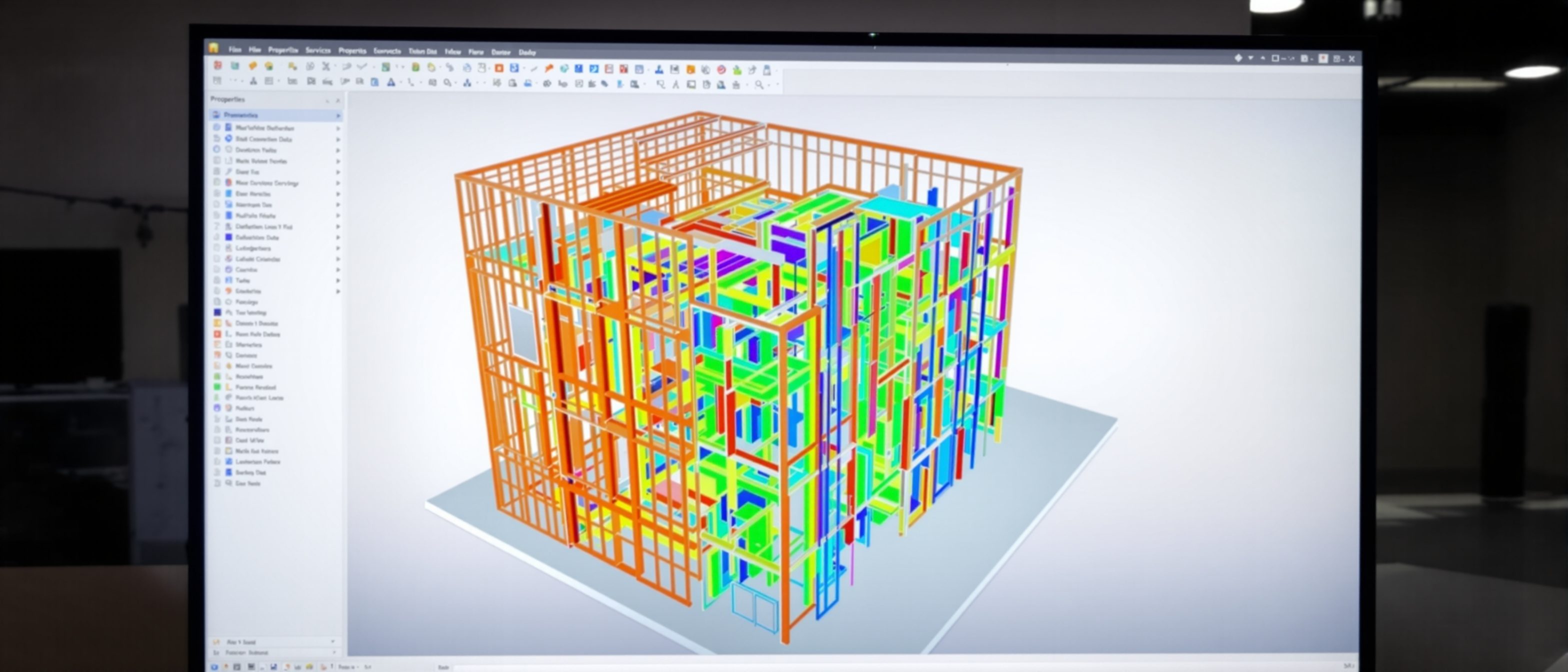 A computer screen showing a detailed Building Information Model of a building with its structure, walls and services as coloured 3D objects, beside a property/data panel, BIM as a data-rich model, no people.