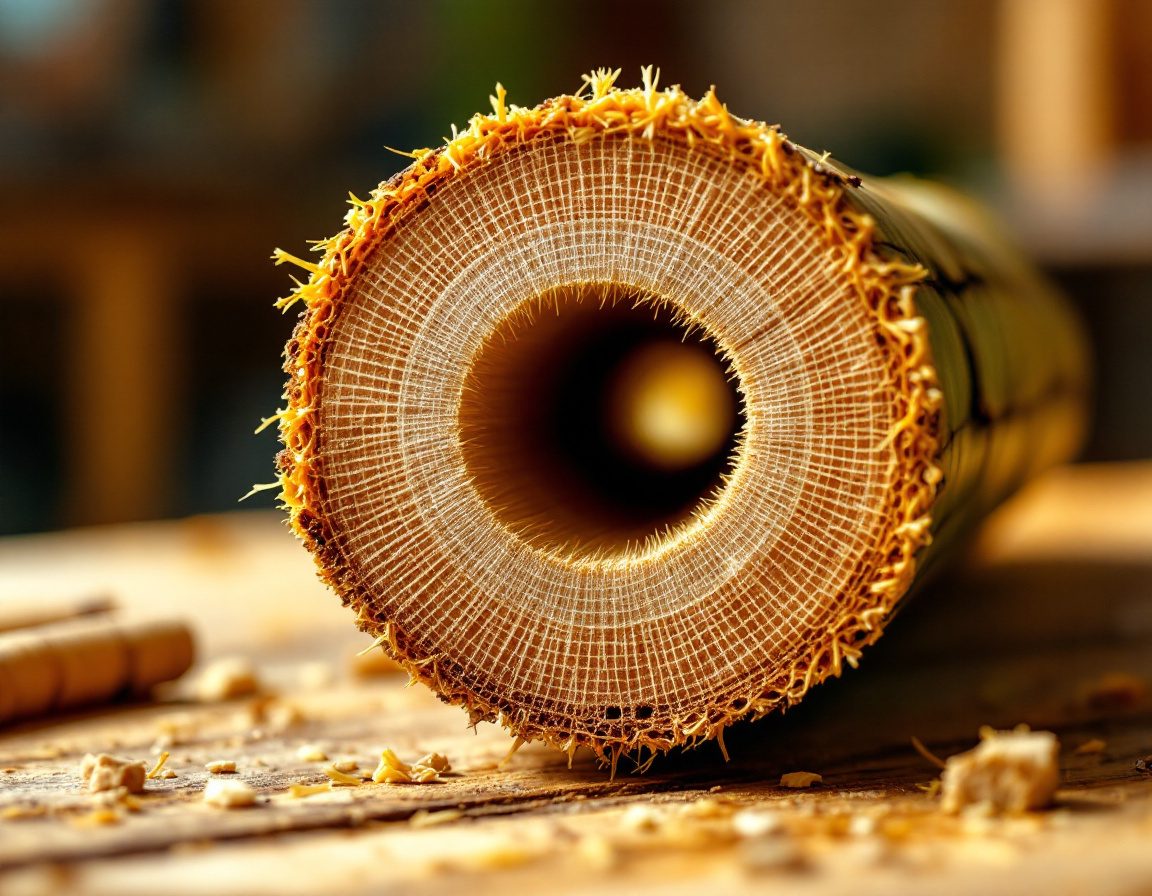A cut culm: hollow core, and the dense ring of load-bearing fibres concentrated near the outer wall.