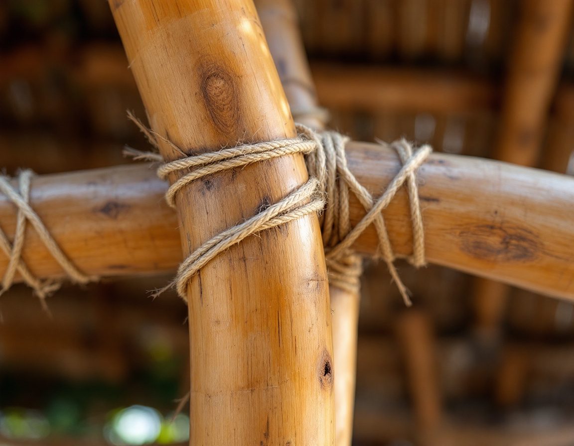 A traditional lashed joint — round, hollow culms can’t be nailed, so they are bound.