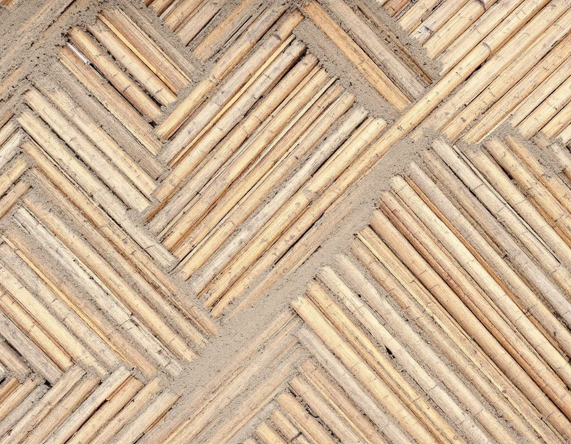 Woven split-bamboo wall with mud plaster half-applied — the wattle-and-daub principle.