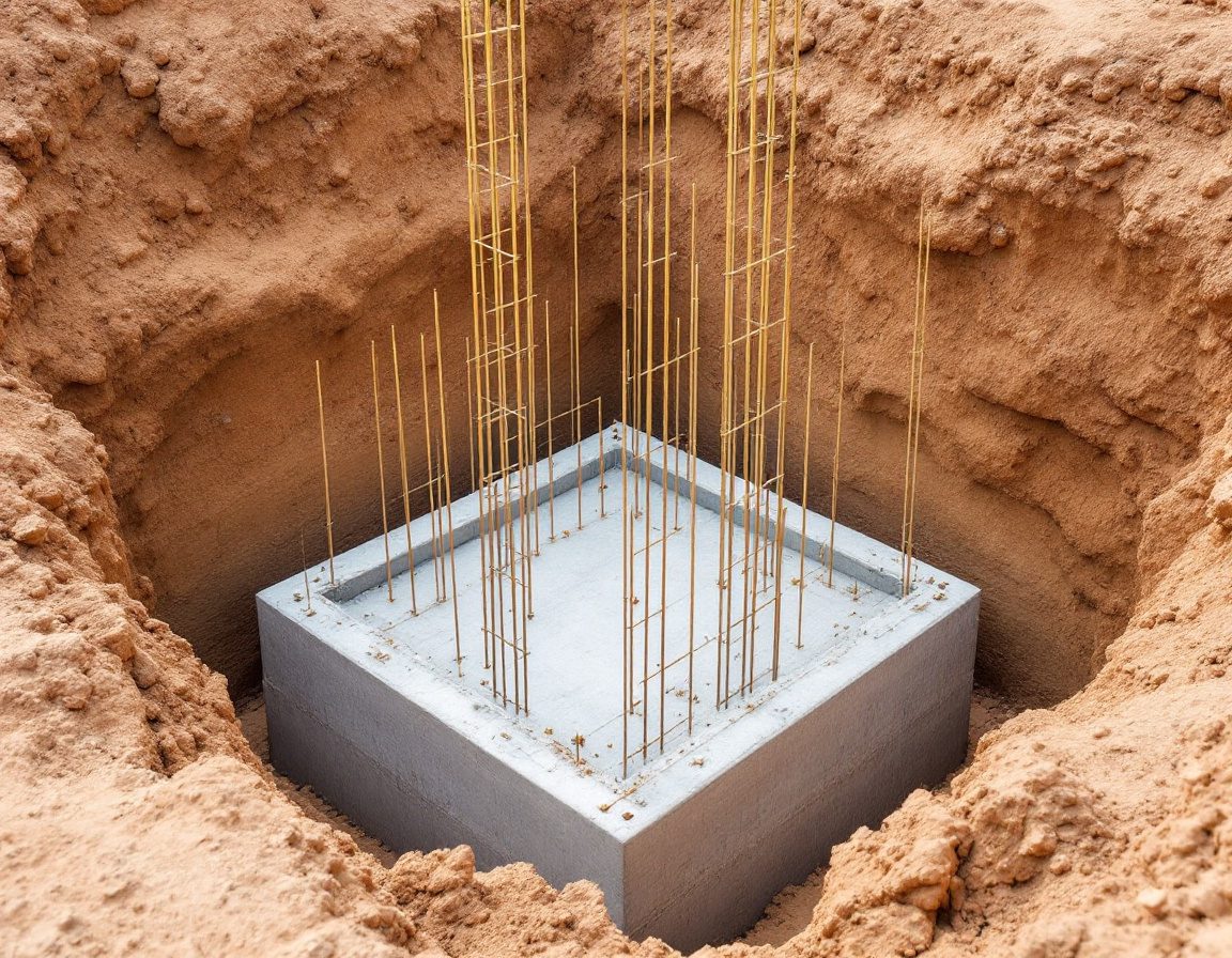An isolated column footing in an excavated pit, starter bars projecting.