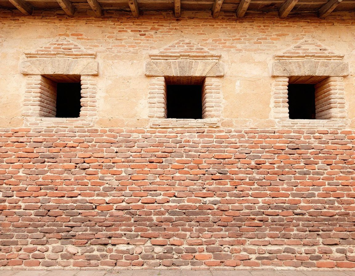 A traditional load-bearing wall of thick stone and brick carrying the roof directly.