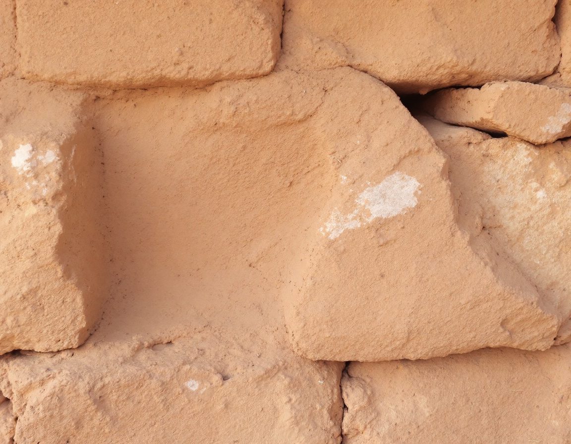 A wall of sun-dried adobe mud bricks in mud mortar.