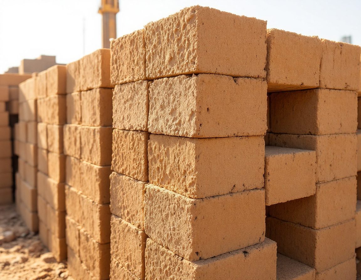 A stack of compressed stabilised earth blocks at a site.