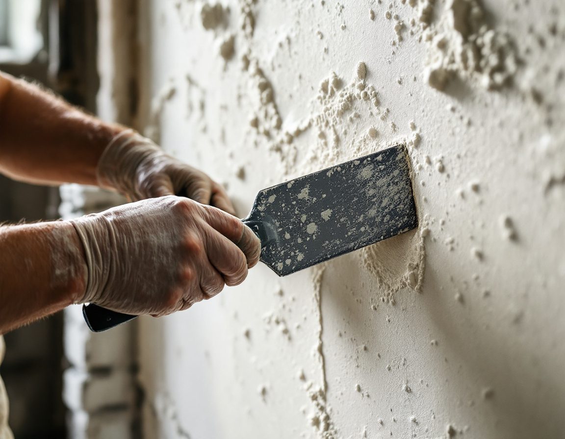 Lime plaster being trowelled onto a masonry wall.