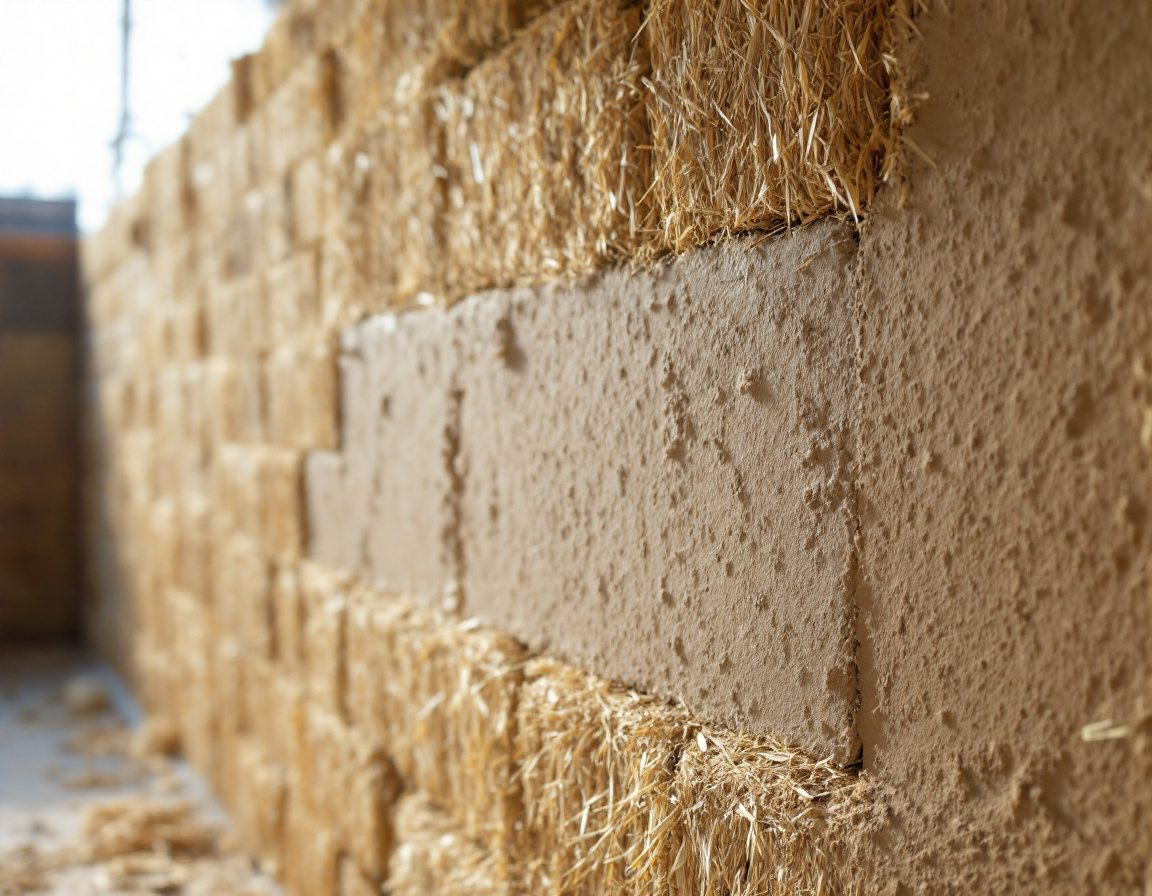 A straw-bale wall, half-covered in earthen lime plaster.