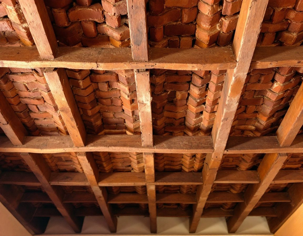 The underside of a Madras terrace roof — brick-on-edge between teak joists.